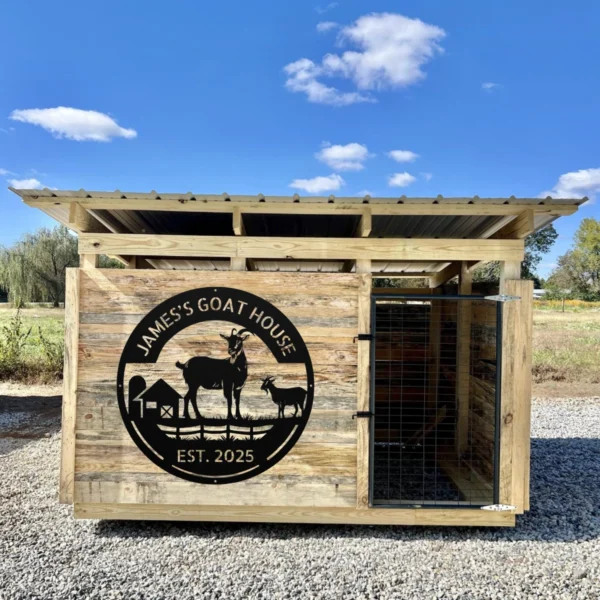 Personalized Goat House Metal Sign Farm Barn Wall Art Decor Personalized goat house metal sign in 16 gauge steel for farm barn wall decor, custom goat farm plaque for outdoor use and rustic gift art.