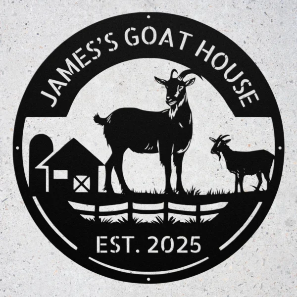 Personalized Goat House Metal Sign Farm Barn Wall Art Decor Personalized goat house metal sign in 16 gauge steel for farm barn wall decor, custom goat farm plaque for outdoor use and rustic gift art.