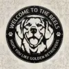 Personalized Golden Retriever Dog Sign in 16 gauge steel for pet wall decor, custom family name plaque for home and dog lover gift art.