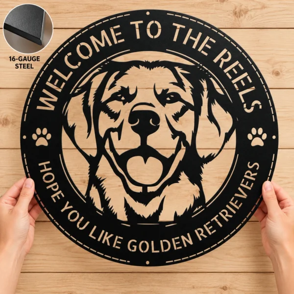 Personalized Golden Retriever Dog Sign Custom Family Name Metal Art Personalized Golden Retriever Dog Sign in 16 gauge steel for pet wall decor, custom family name plaque for home and dog lover gift art.