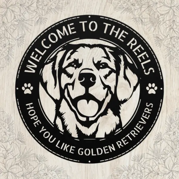 Personalized Golden Retriever Dog Sign in 16 gauge steel for pet wall decor, custom family name plaque for home and dog lover gift art.