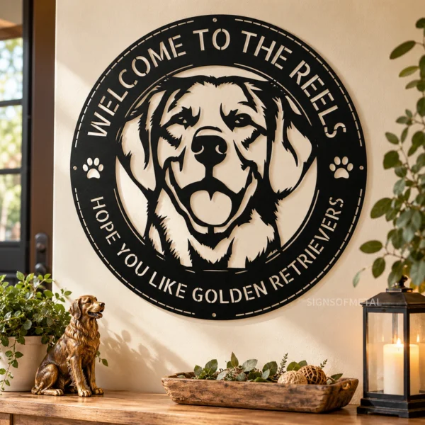 Personalized Golden Retriever Dog Sign Custom Family Name Metal Art Personalized Golden Retriever Dog Sign in 16 gauge steel for pet wall decor, custom family name plaque for home and dog lover gift art.