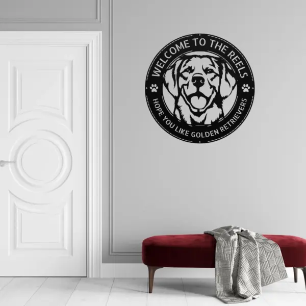 Personalized Golden Retriever Dog Sign in 16 gauge steel for pet wall decor, custom family name plaque for home and dog lover gift art.