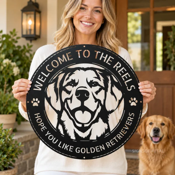 Personalized Golden Retriever Dog Sign Custom Family Name Metal Art Personalized Golden Retriever Dog Sign in 16 gauge steel for pet wall decor, custom family name plaque for home and dog lover gift art.