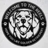 Personalized Golden Retriever Dog Sign in 16 gauge steel for pet wall decor, custom family name plaque for home and dog lover gift art.