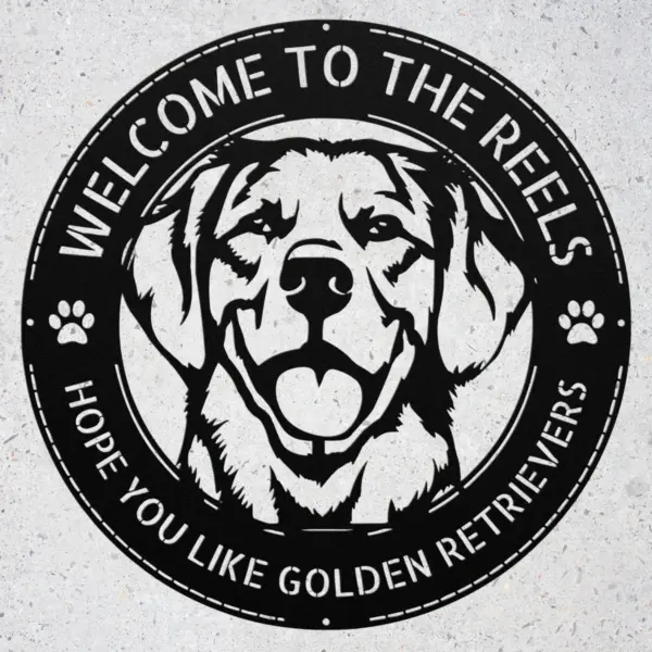 Personalized Golden Retriever Dog Sign in 16 gauge steel for pet wall decor, custom family name plaque for home and dog lover gift art.