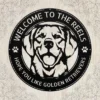 Personalized Golden Retriever metal dog sign in 16 gauge steel for pet wall decor, custom family name plaque for home and dog lover gift art.