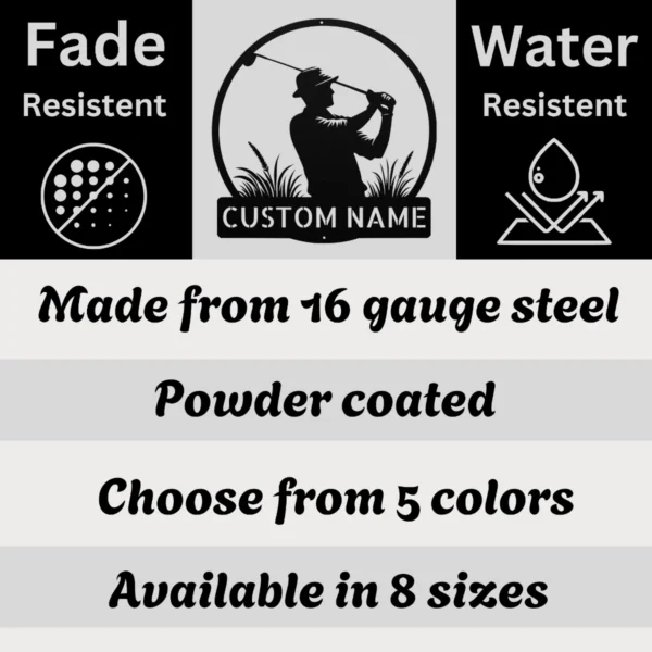 Personalized golf player metal art sign in 16 gauge steel for golf wall decor, custom golfer plaque for putting green, garage and gift art.