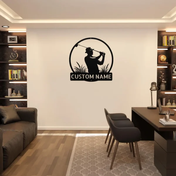 Personalized golf player metal art sign in 16 gauge steel for golf wall decor, custom golfer plaque for putting green, garage and gift art.