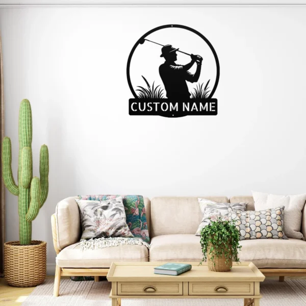 Personalized golf player metal art sign in 16 gauge steel for golf wall decor, custom golfer plaque for putting green, garage and gift art.