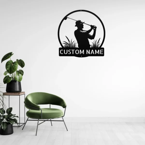 Personalized golf player metal art sign in 16 gauge steel for golf wall decor, custom golfer plaque for putting green, garage and gift art.
