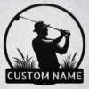 Personalized golf player metal art sign in 16 gauge steel for golf wall decor, custom golfer plaque for putting green, garage and gift art.