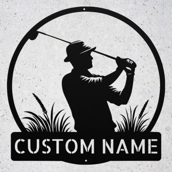 Personalized golf player metal art sign in 16 gauge steel for golf wall decor, custom golfer plaque for putting green, garage and gift art.