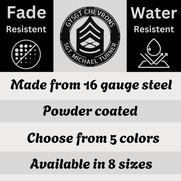 Personalized Gysgt Chevrons Metal Sign Custom Marine Corps Military Wall Decor Personalized GySgt chevrons metal sign in 16 gauge steel for Marine Corps wall decor, custom rank plaque and veteran military gift.