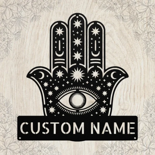 Personalized Hamsa Hand metal sign in 16 gauge steel for spiritual wall decor, Hand of Fatima home plaque for protection, housewarming gift art.