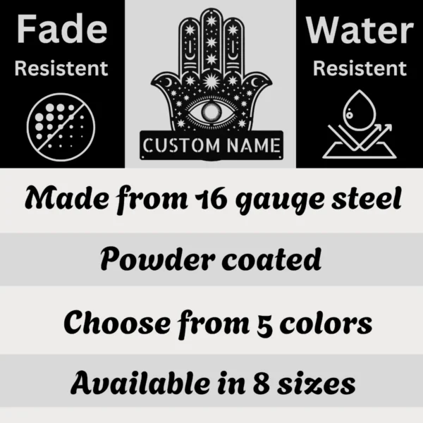 Personalized Hamsa Hand metal sign in 16 gauge steel for spiritual wall decor, Hand of Fatima home plaque for protection, housewarming gift art.