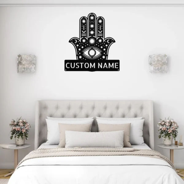 Personalized Hamsa Hand metal sign in 16 gauge steel for spiritual wall decor, Hand of Fatima home plaque for protection, housewarming gift art.