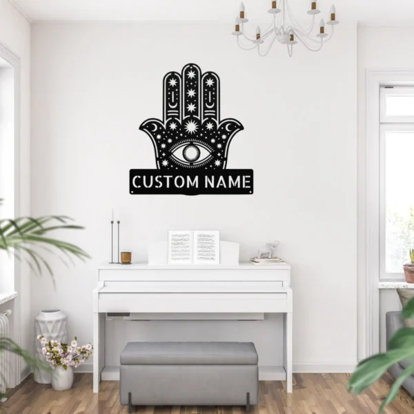 Personalized Hamsa Hand metal sign in 16 gauge steel for spiritual wall decor, Hand of Fatima home plaque for protection, housewarming gift art.
