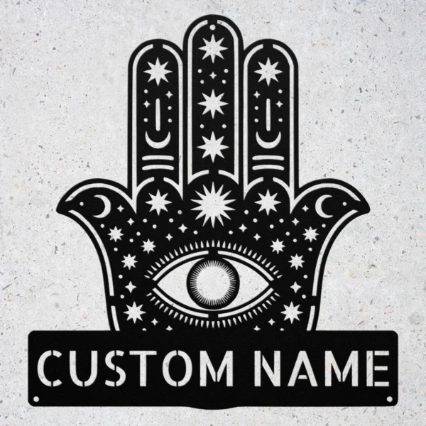 Personalized Hamsa Hand metal sign in 16 gauge steel for spiritual wall decor, Hand of Fatima home plaque for protection, housewarming gift art.