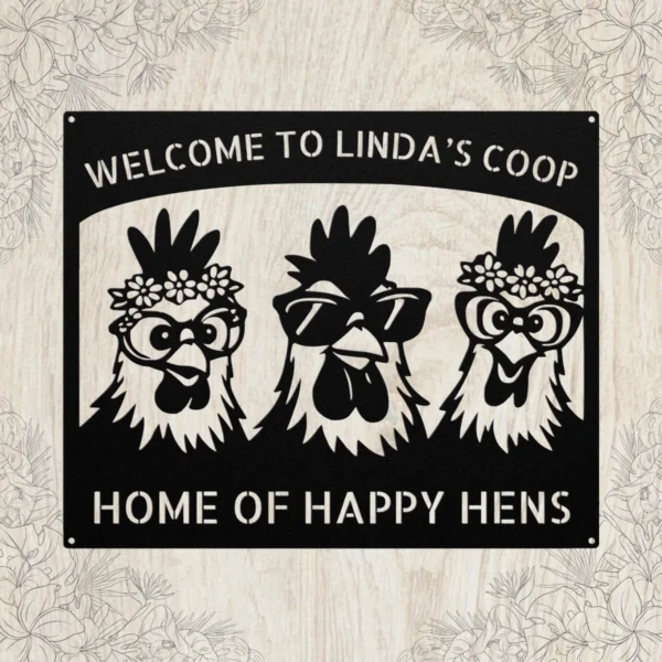 Personalized Hens Metal Art Sign Chicken Coop Decor Personalized hens metal art sign in 16 gauge steel for chicken coop wall decor, custom farm name plaque for rustic home and country gift art.