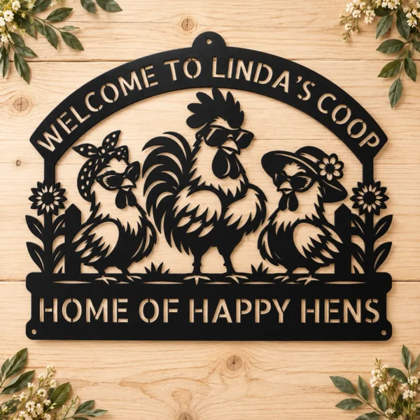 Personalized hens metal art sign in 16 gauge steel for chicken coop wall decor, custom farm name plaque for rustic home and country gift art.