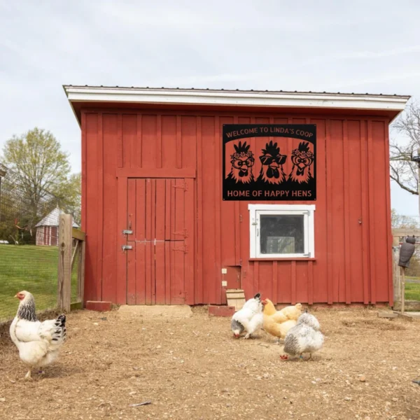 Personalized Hens Metal Art Sign Chicken Coop Decor Personalized hens metal art sign in 16 gauge steel for chicken coop wall decor, custom farm name plaque for rustic home and country gift art.
