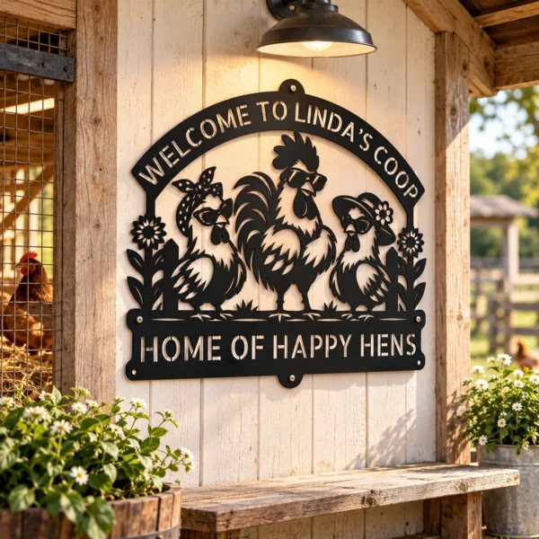 Personalized Hens Metal Art Sign Chicken Coop Decor Personalized hens metal art sign in 16 gauge steel for chicken coop wall decor, custom farm name plaque for rustic home and country gift art.