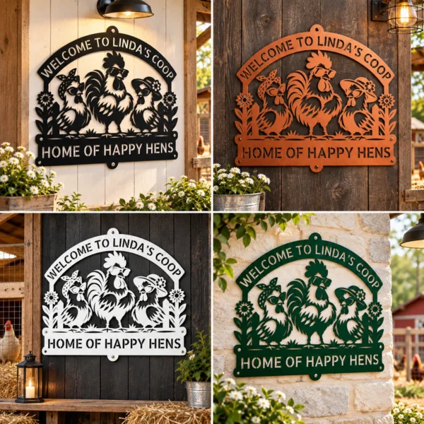 Personalized Hens Metal Art Sign Chicken Coop Decor Personalized hens metal art sign in 16 gauge steel for chicken coop wall decor, custom farm name plaque for rustic home and country gift art.