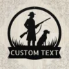 Personalized hunter dog metal sign in 16 gauge steel for hunting wall decor, custom cabin plaque for hunters, dog lovers and rustic gift art.