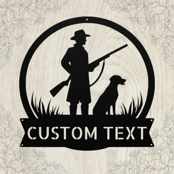 Personalized hunter dog metal sign in 16 gauge steel for hunting wall decor, custom cabin plaque for hunters, dog lovers and rustic gift art.