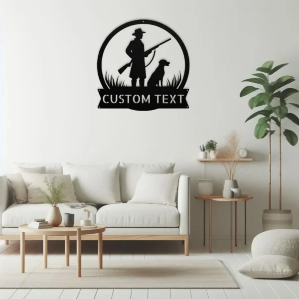 Personalized hunter dog metal sign in 16 gauge steel for hunting wall decor, custom cabin plaque for hunters, dog lovers and rustic gift art.