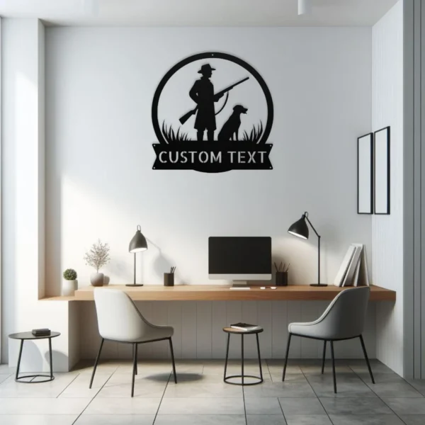 Personalized hunter dog metal sign in 16 gauge steel for hunting wall decor, custom cabin plaque for hunters, dog lovers and rustic gift art.