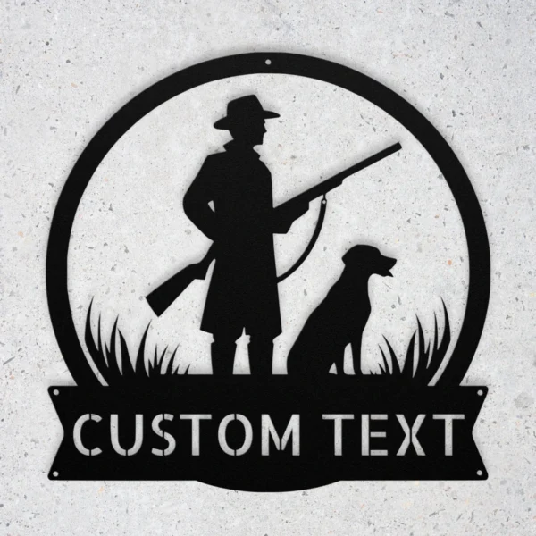Personalized hunter dog metal sign in 16 gauge steel for hunting wall decor, custom cabin plaque for hunters, dog lovers and rustic gift art.