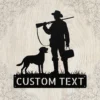 Personalized hunter with dog metal sign in 16 gauge steel for hunting wall decor, custom name plaque for cabin, outdoorsman and dog lover gift.