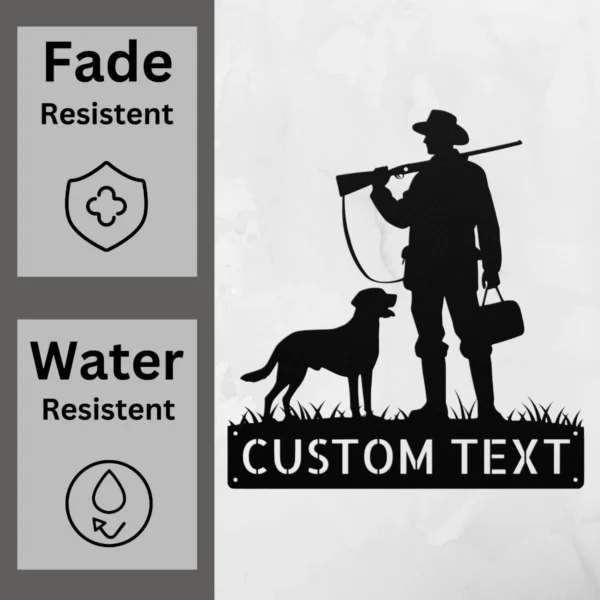 Personalized hunter with dog metal sign in 16 gauge steel for hunting wall decor, custom name plaque for cabin, outdoorsman and dog lover gift.