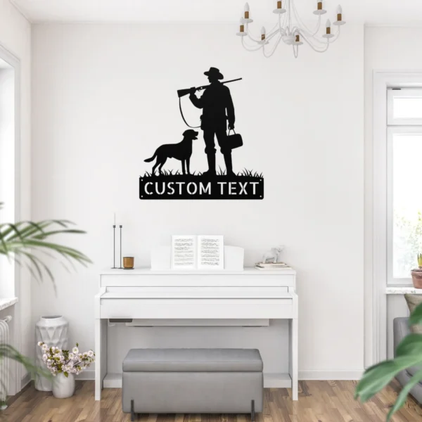 Personalized hunter with dog metal sign in 16 gauge steel for hunting wall decor, custom name plaque for cabin, outdoorsman and dog lover gift.