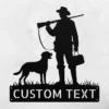 Personalized hunter with dog metal sign in 16 gauge steel for hunting wall decor, custom name plaque for cabin, outdoorsman and dog lover gift.