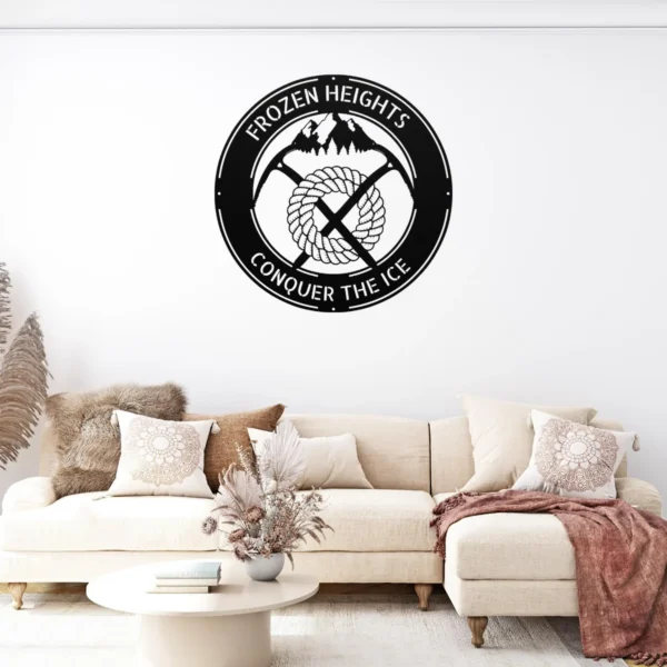 Personalized ice climbing metal sign in 16 gauge steel for mountaineer wall decor, custom climber plaque for cabin, gym and adventure gift art.