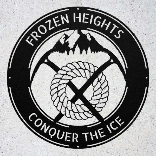Personalized ice climbing metal sign in 16 gauge steel for mountaineer wall decor, custom climber plaque for cabin, gym and adventure gift art.