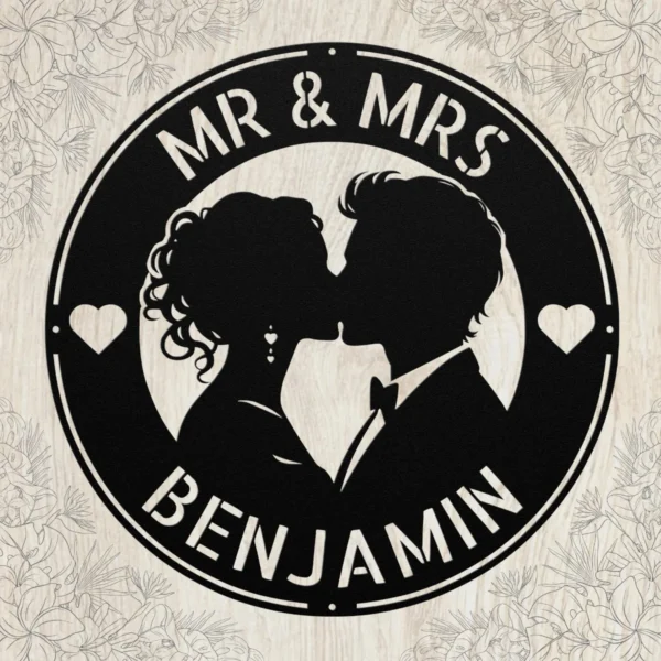 Personalized Kissing Couple Metal Sign Romantic Art Decor Personalized kissing couple metal sign in 16 gauge steel for romantic wall decor, custom couple plaque for wedding, anniversary and gift art.