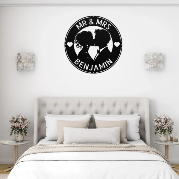 Personalized Kissing Couple Metal Sign Romantic Art Decor Personalized kissing couple metal sign in 16 gauge steel for romantic wall decor, custom couple plaque for wedding, anniversary and gift art.