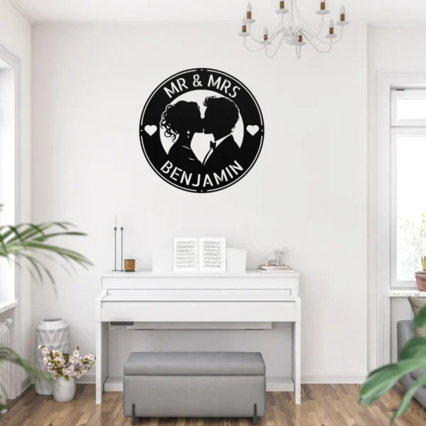 Personalized Kissing Couple Metal Sign Romantic Art Decor Personalized kissing couple metal sign in 16 gauge steel for romantic wall decor, custom couple plaque for wedding, anniversary and gift art.