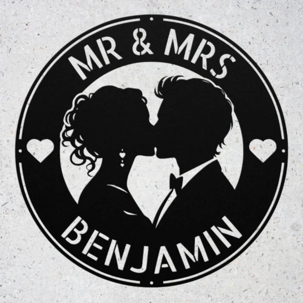 Personalized Kissing Couple Metal Sign Romantic Art Decor Personalized kissing couple metal sign in 16 gauge steel for romantic wall decor, custom couple plaque for wedding, anniversary and gift art.