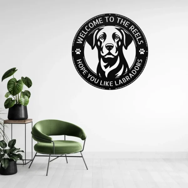 Personalized Labrador Retriever Metal Dog Sign Custom Family Name Decor Personalized Labrador Retriever metal dog sign in 16 gauge steel for pet wall decor, custom family name plaque for home and dog lover gift art.