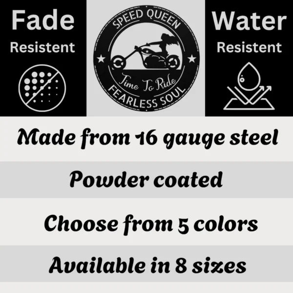 Personalized Lady Biker Metal Wall Sign Custom Motorcycle Decor Personalized lady biker metal sign in 16 gauge steel for motorcycle wall decor, custom rider plaque for garage, home and biker gift art.