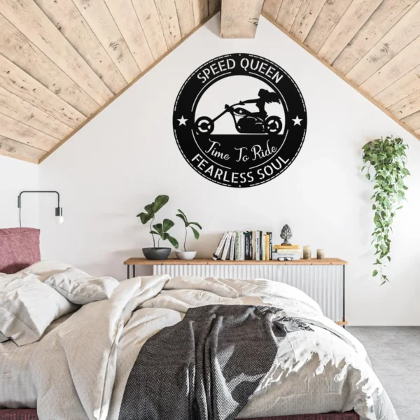 Personalized Lady Biker Metal Wall Sign Custom Motorcycle Decor Personalized lady biker metal sign in 16 gauge steel for motorcycle wall decor, custom rider plaque for garage, home and biker gift art.
