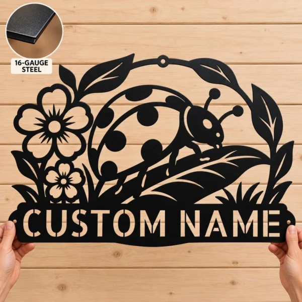 Personalized Ladybug Metal Sign Custom Garden Wall Art Decor Personalized ladybug metal sign in 16 gauge steel for garden wall decor, custom insect plaque for outdoor home, patio and gift art.