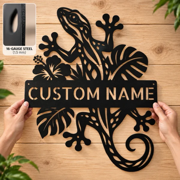 Personalized Lizard Metal Sign Reptile Wall Decor Personalized lizard metal sign in 16 gauge steel for reptile wall decor, custom animal plaque for home, garden, terrarium room and gift art.