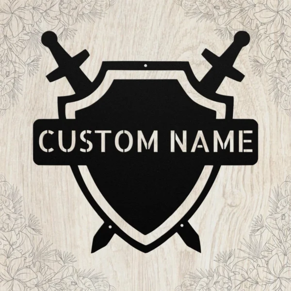 Personalized medieval shield metal wall sign in 16 gauge steel for knight family crest decor, custom castle wall art plaque and gift.