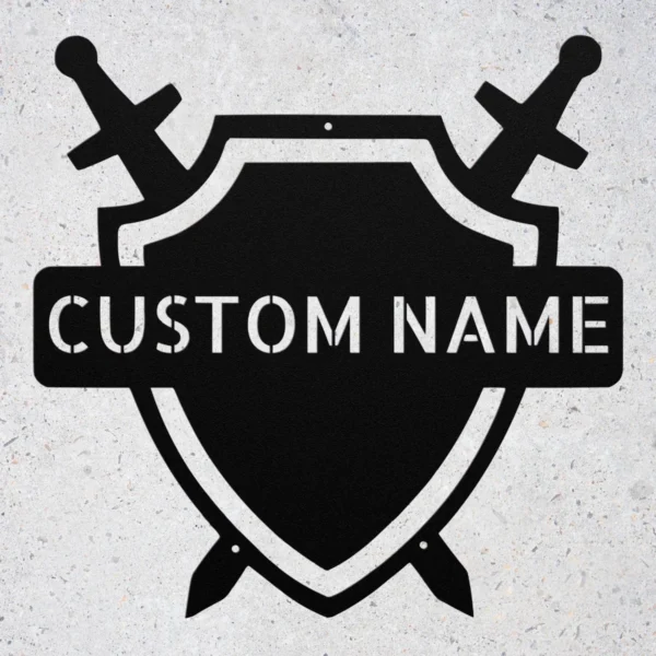 Personalized Medieval Shield Metal Art Sign Knight Family Crest Decor Personalized medieval shield metal wall sign in 16 gauge steel for knight family crest decor, custom castle wall art plaque and gift.